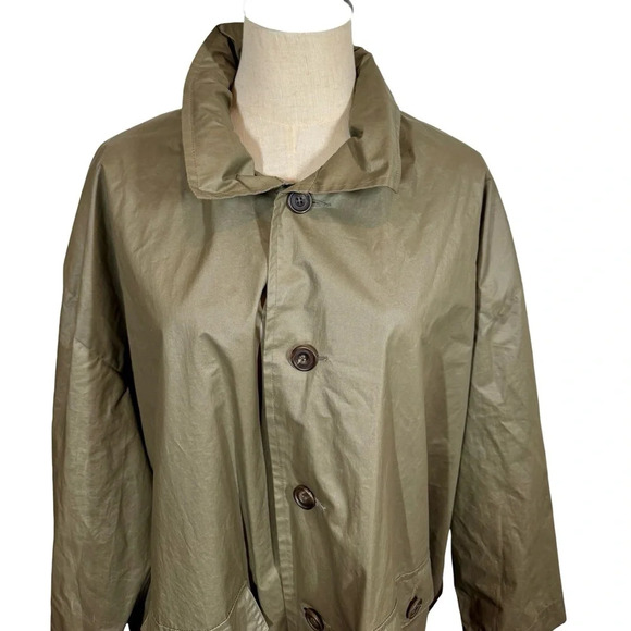 Eskandar Swing Coat Waxed Rain Jacket Detachable Hood Olive Green Sz:1/Small - Picture 3 of 8